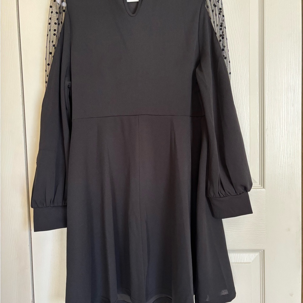 SHEIN Black Long Sleeve Dress with Sheer Polka Dot Details